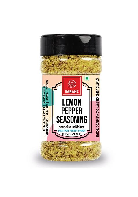 Saranz Lemon Pepper Mix Authentic Seasoning | 100% Natural Indian Spice Sprinkle On Veggies, Salads Etc Flavorful Blend Fresh & Aromatic Spices (100 Grams Sprinkler Jar)