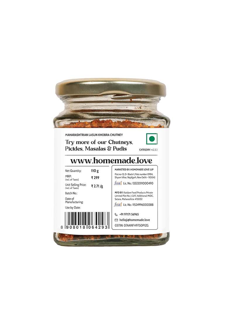 Homemade Love Lasun Khobra Chutney (110G) | Dry Garlic Coconut Powder Authentic Maharashtrian Roasted (Lahsun) & (Khobra) Blend No Artificial Preservatives - Indya