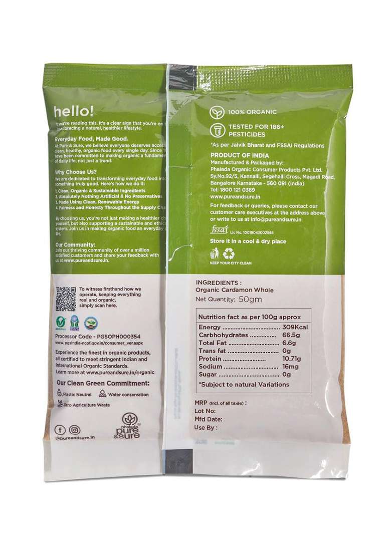 Phalada Pure & Sure Organic Cardamom (Elaichi) 50G | 100% Natural Elaichi Sabut Rich In Flavour Aroma No Artificial Color, Preservatives - Indya