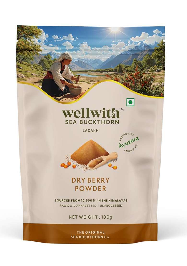Ayuzera Wellwith By Sea Buckthorn Berry Powder 100G | Rich In Vitamin C No Oil Edible Fiber, Omegas Dry Seabuckthorn Himalayan Pack Of 1 - Indya