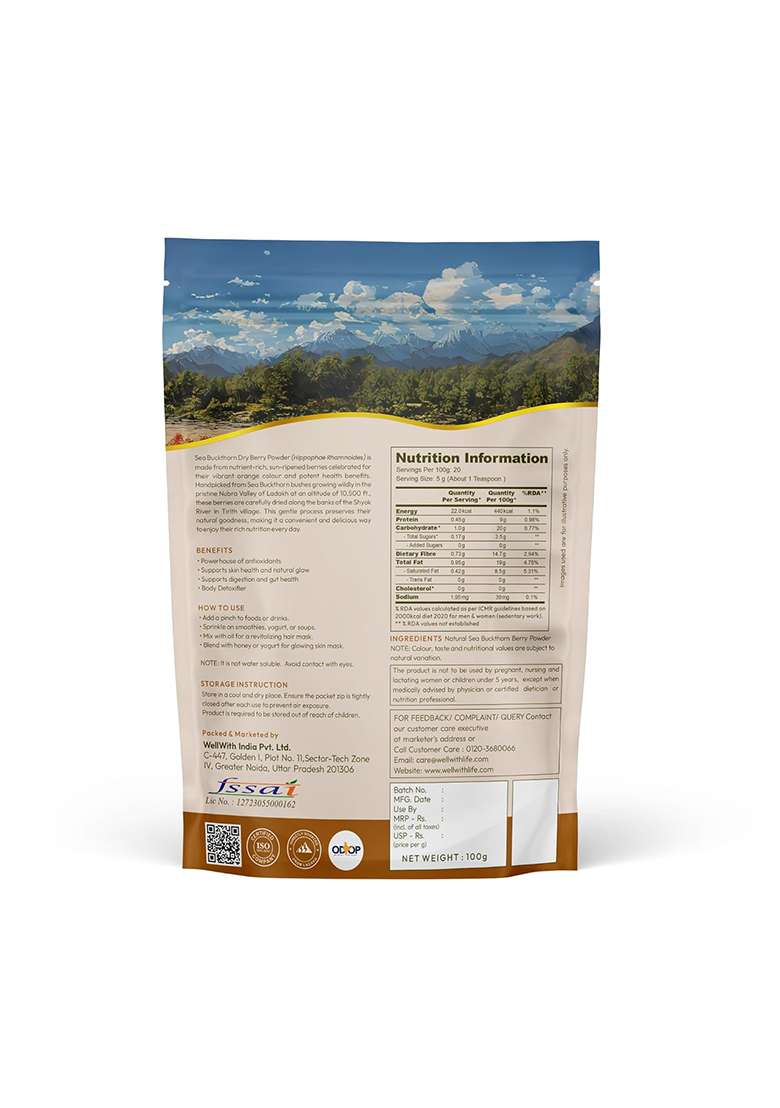 Ayuzera Wellwith By Sea Buckthorn Berry Powder 100G | Rich In Vitamin C No Oil Edible Fiber, Omegas Dry Seabuckthorn Himalayan Pack Of 1 - Indya