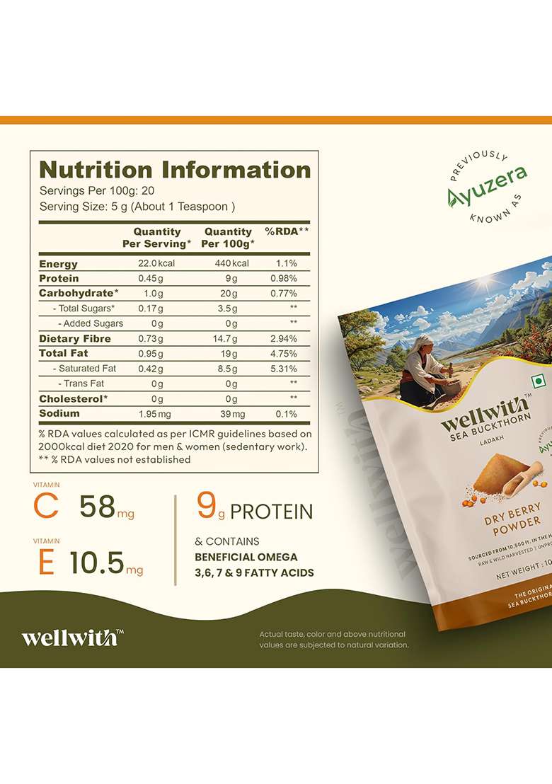 Ayuzera Wellwith By Sea Buckthorn Berry Powder 100G | Rich In Vitamin C No Oil Edible Fiber, Omegas Dry Seabuckthorn Himalayan Pack Of 1 - Indya