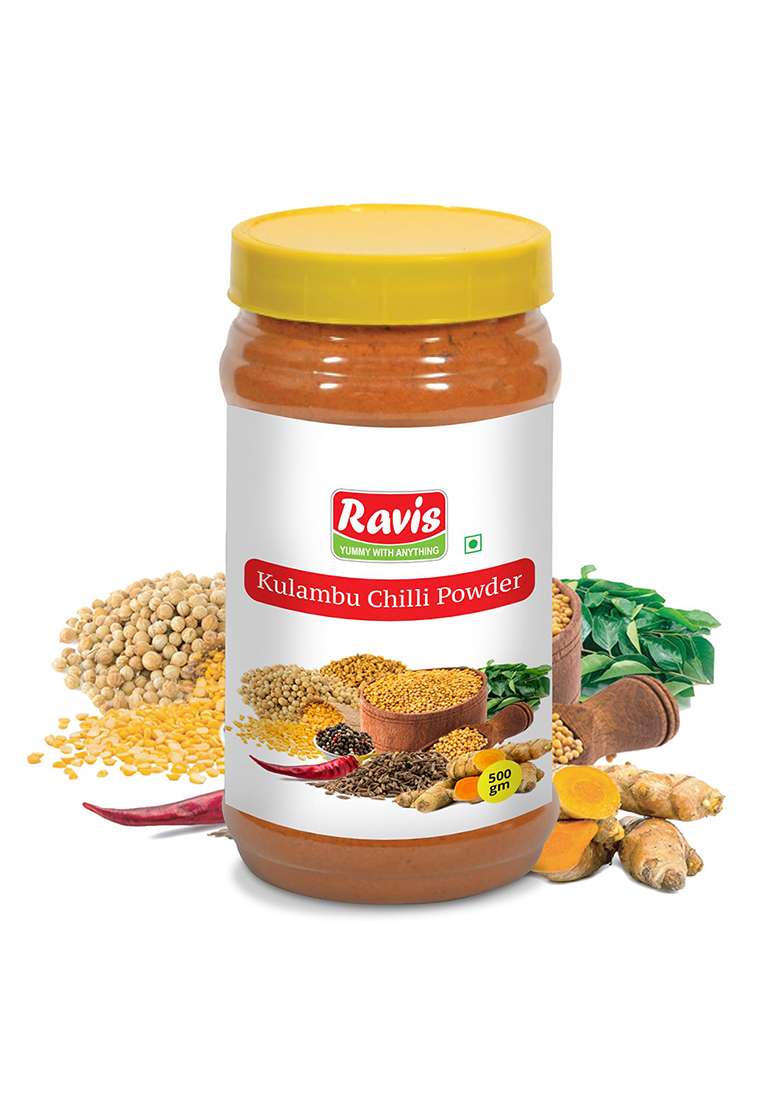 Ravis Kulambu Chilli Powder Pet Jar | South Indian Curry Masala Blend 100% Vegetarian No Artificial Colors Or Preservatives Farm Fresh Ingredients For Authentic Taste & Flavor - 500G - Indya