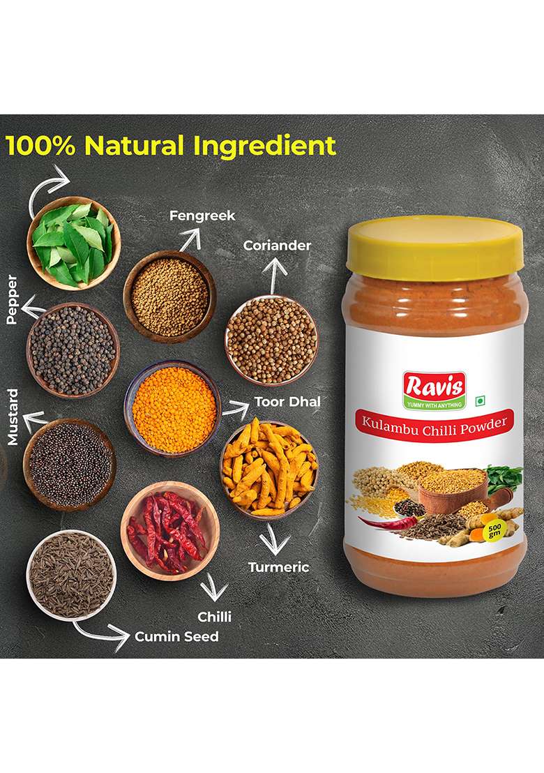 Ravis Kulambu Chilli Powder Pet Jar | South Indian Curry Masala Blend 100% Vegetarian No Artificial Colors Or Preservatives Farm Fresh Ingredients For Authentic Taste & Flavor - 500G - Indya
