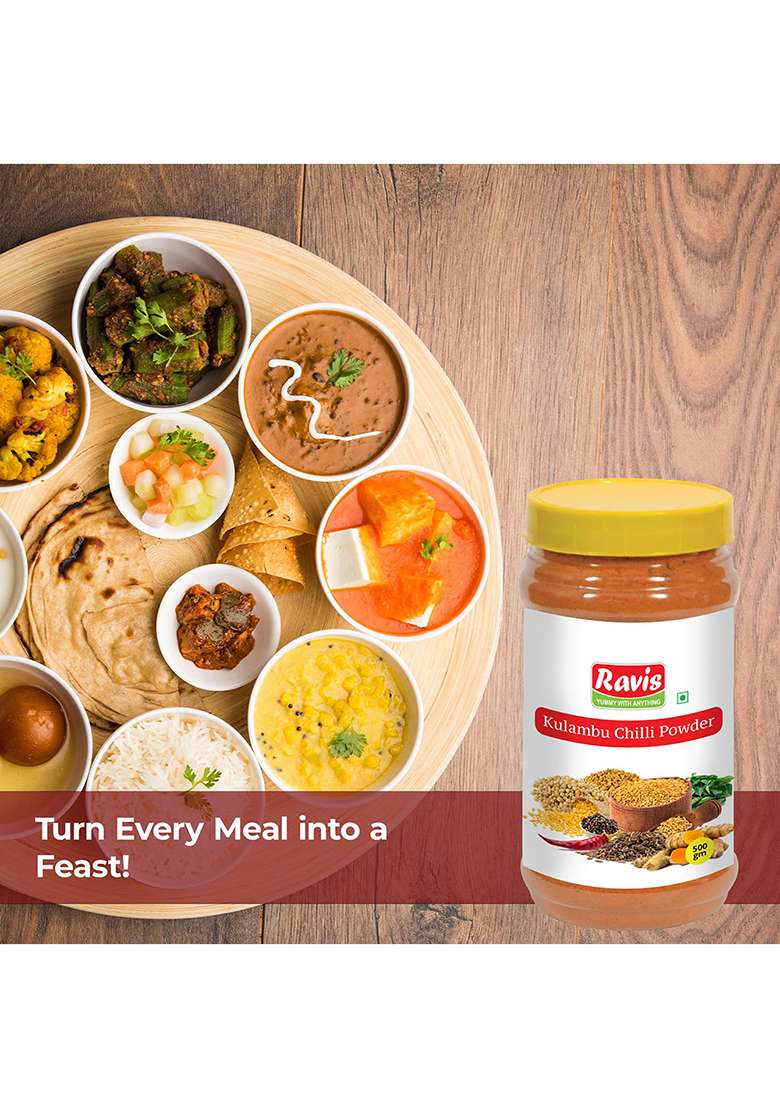 Ravis Kulambu Chilli Powder Pet Jar | South Indian Curry Masala Blend 100% Vegetarian No Artificial Colors Or Preservatives Farm Fresh Ingredients For Authentic Taste & Flavor - 500G - Indya