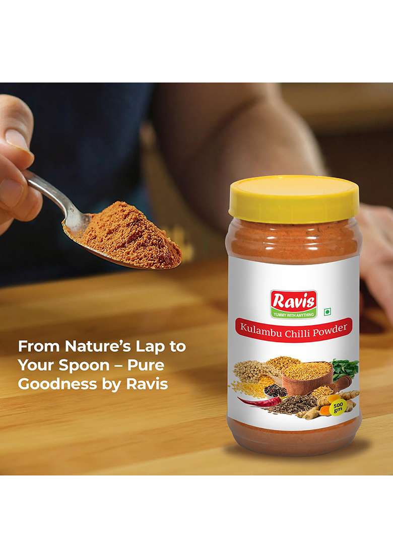 Ravis Kulambu Chilli Powder Pet Jar | South Indian Curry Masala Blend 100% Vegetarian No Artificial Colors Or Preservatives Farm Fresh Ingredients For Authentic Taste & Flavor - 500G - Indya