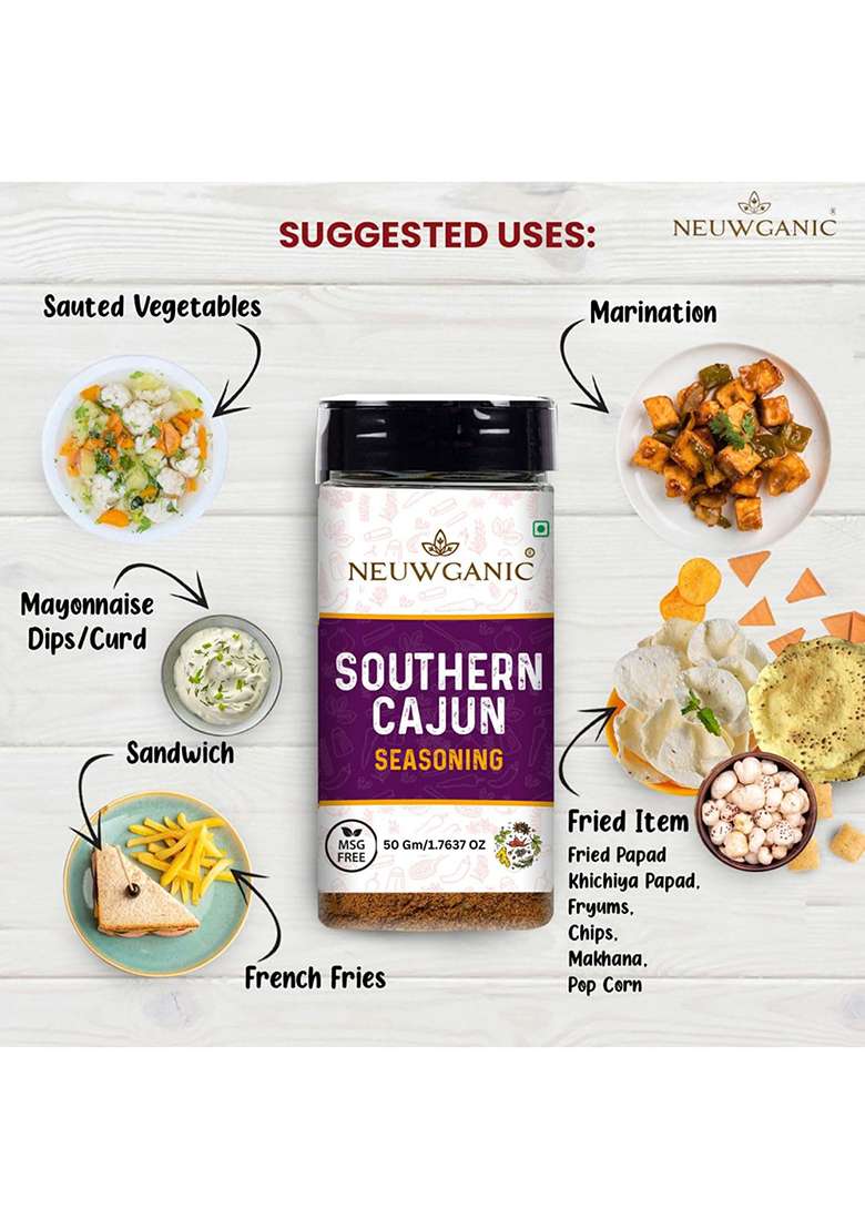 Neuwganic - Southern Cajun Seasoning Powder Bold & Spicy Sprinkler For Cooking Grilling Ideal Meats, Fries, Popcorn, Seafood, Vegetables, Marinades Dips 50 Gm - Indya