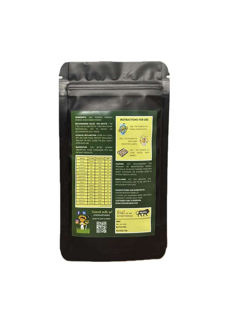 Poddar Farms Plant-Based Superfood Mix (Kale + Moringa Wheatgrass) | Rich In Iron, Antioxidants & Chlorophyll Immunity Energy Support Green Detox 75G - Indya