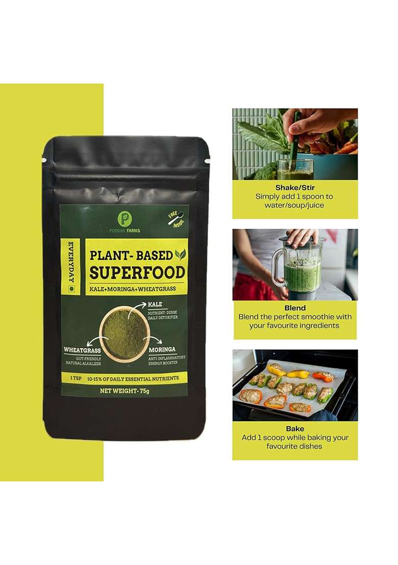 Poddar Farms Plant-Based Superfood Mix (Kale + Moringa Wheatgrass) | Rich In Iron, Antioxidants & Chlorophyll Immunity Energy Support Green Detox 75G - Indya