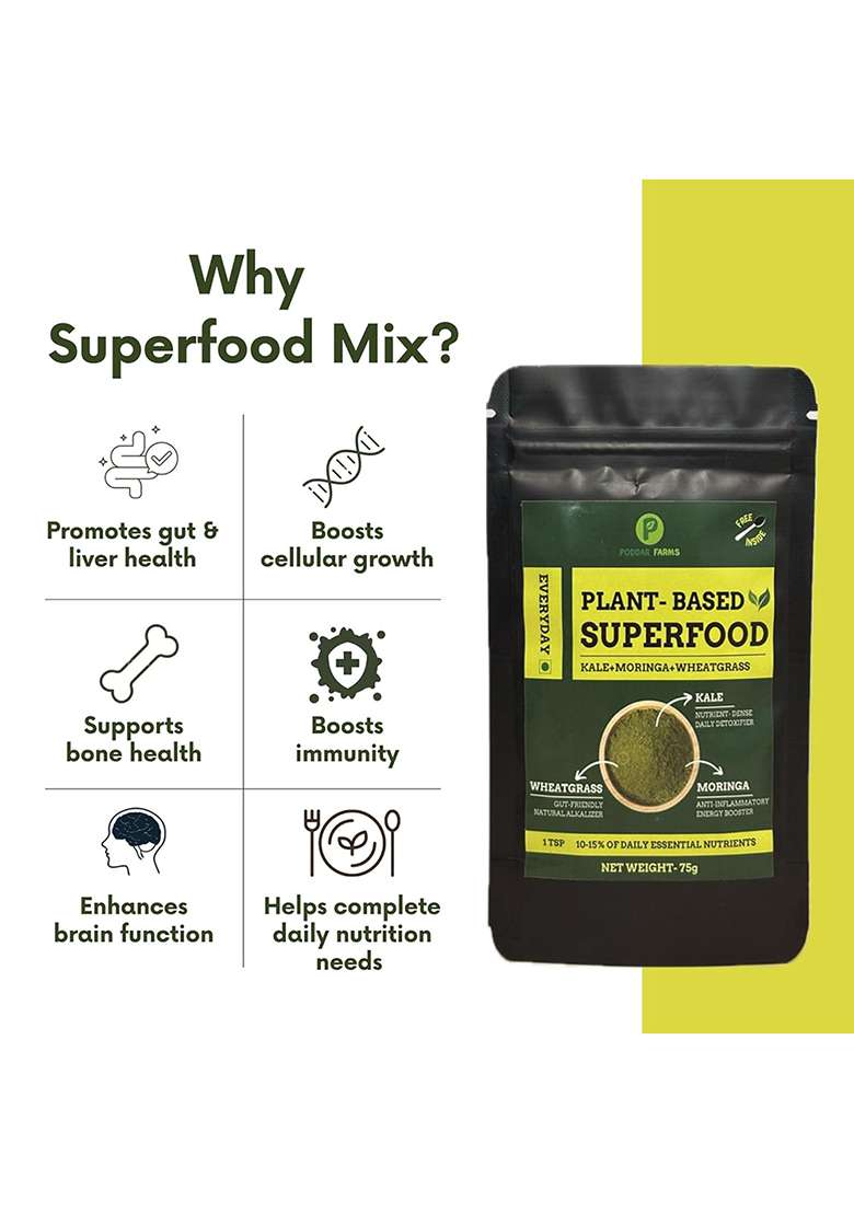 Poddar Farms Plant-Based Superfood Mix (Kale + Moringa Wheatgrass) | Rich In Iron, Antioxidants & Chlorophyll Immunity Energy Support Green Detox 75G - Indya