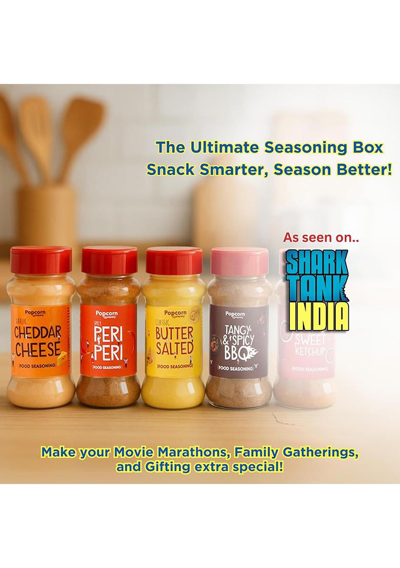 Popcorn & Company Seasoning Powder (Pack Of 5, 390Gm) Butter Salt 110G, Garlic Cheddar Cheese, Tangy Spicy Bbq, Hot Sweet Ketchup Peri (70G Each) Seasonings For Popcorn, Pasta, Pizza Fries