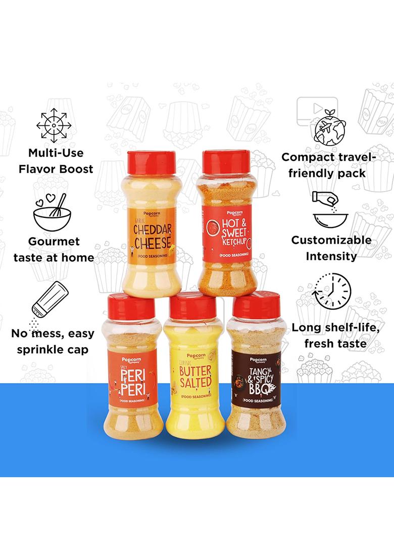Popcorn & Company Seasoning Powder (Pack Of 5, 390Gm) Butter Salt 110G, Garlic Cheddar Cheese, Tangy Spicy Bbq, Hot Sweet Ketchup Peri (70G Each) Seasonings For Popcorn, Pasta, Pizza Fries