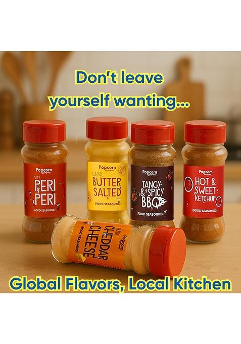 Popcorn & Company Seasoning Powder (Pack Of 5, 390Gm) Butter Salt 110G, Garlic Cheddar Cheese, Tangy Spicy Bbq, Hot Sweet Ketchup Peri (70G Each) Seasonings For Popcorn, Pasta, Pizza Fries