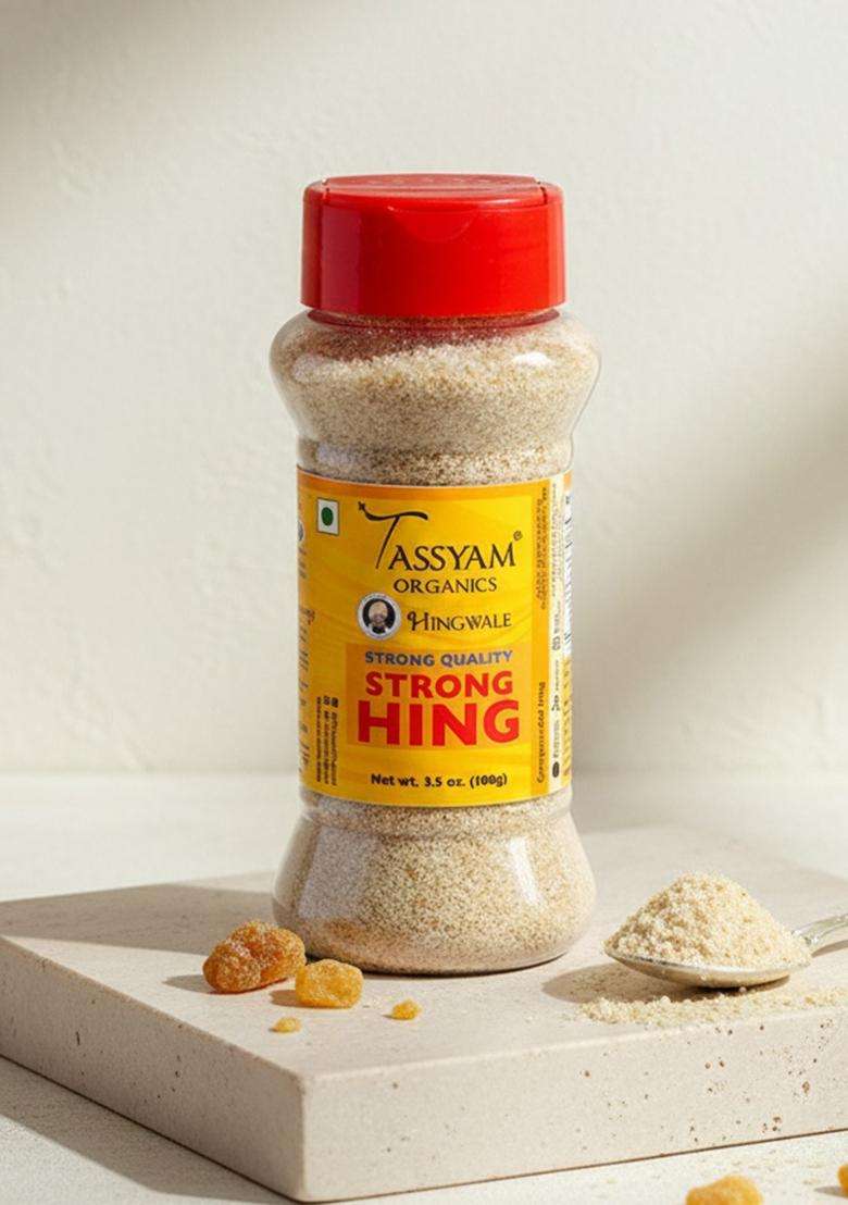 Tassyam Organics Hingwale Strong Hing 100G Dispenser | Incredible Value Hand Pounded & Natural Compounded Asafoetida Bandhani Heeng Inguva Perungayam - Indya