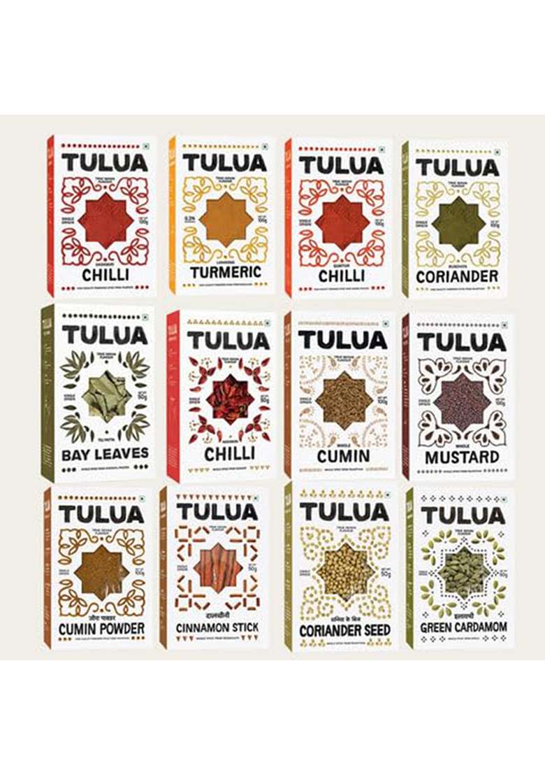 Tulua Premium All-Natural Spices Combo Pack Of 12 | Authentic Indian Flavours Lakadong Turmeric, Kashmiri & Guntur Chilli, Coriander, Cumin, Mustard, Bay Leaf, Cardamom Farm-Sourced Fresh Taste - Indya