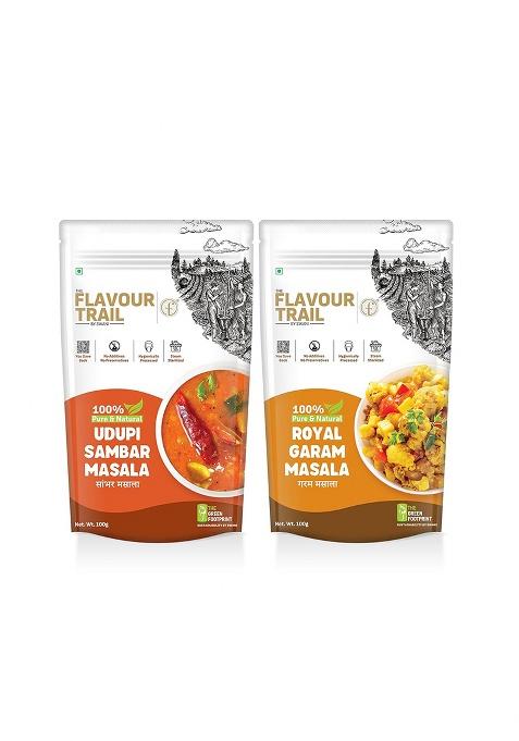 The Flavour Trail By Swani Pure & Natural - Udupi Sambar Masala + Royal Garam Masala, 100 Gms Each (Pack Of 2) | Hygienically Processed Pesticide-Free Steam Sterilized