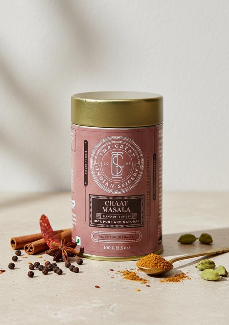 The Great Indian Spicery | Chaat Masala 100Gm Tin Farm Fresh, Authentic Blend Of 15 Spices, Non-Adulterated Tangy, Sour & Salty Flavor Perfect For Sprucing Up Snacks Meals
