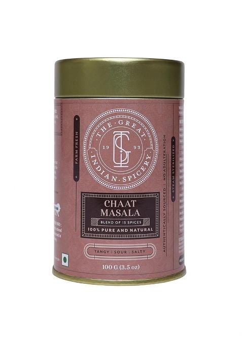 The Great Indian Spicery | Chaat Masala 100Gm Tin Farm Fresh, Authentic Blend Of 15 Spices, Non-Adulterated Tangy, Sour & Salty Flavor Perfect For Sprucing Up Snacks Meals