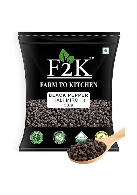 F2K Farm To Kitchen Black Pepper Whole (Kali Mirch Sabut) - 500Gm Peppercorns Unleash Intense Flavor And Aroma For Authentic Cooking, Grinding, Sabut Kali Fresh Flavor, Pack Of 1