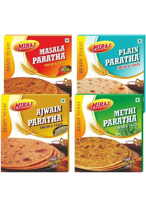 Miraj Products Paratha Combo (Ajwain, Methi, Masala, Plain) 4X4 Pack Ready-To-Eat Indian Meal With Free Pickle (920G Total)