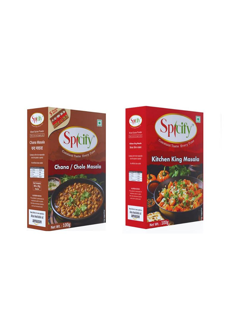 Spicify Chana/Chole + Kitchen King Masala Powder | Authentic Natural Flavour With Cumin, Fenugreek & Pomegranate Seeds, No Onion Garlic Blended Spice Mix Ready Masala, 100G Each
