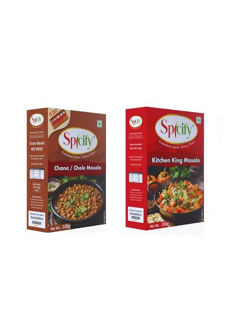 Spicify Chana/Chole + Kitchen King Masala Powder | Authentic Natural Flavour With Cumin, Fenugreek & Pomegranate Seeds, No Onion Garlic Blended Spice Mix Ready Masala, 100G Each