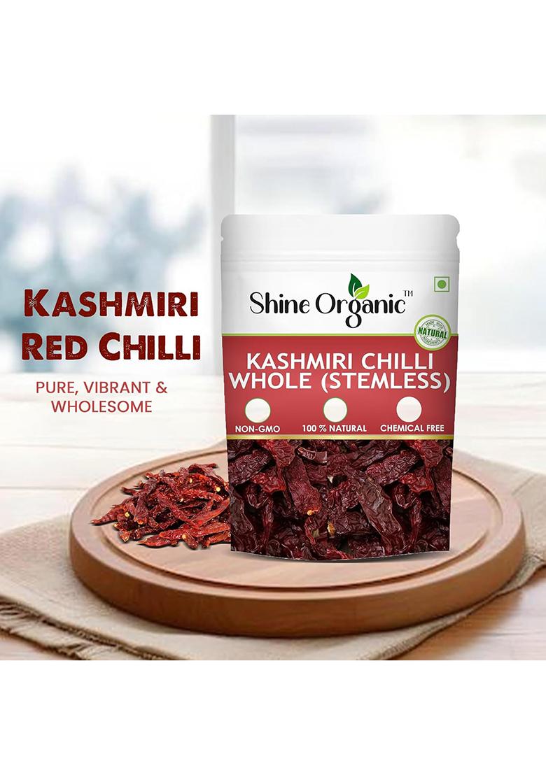 Shine Organic Kashmiri Red Chilli Whole 100Gm Sun Dried Lal Mirch With Rich Colour & Aroma Natural Spice For Cooking, Seasoning Pickles Kitchen Essential