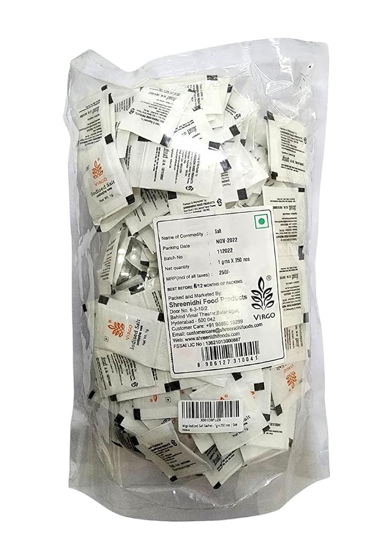 Virgo Iodized Salt Sachets (1G X 250) | Hygienic Mini Pouches Of Pure Travel-Friendly & Easy To Use Instant Taste Enhancer For Food, Salads, Snacks Daily Cooking