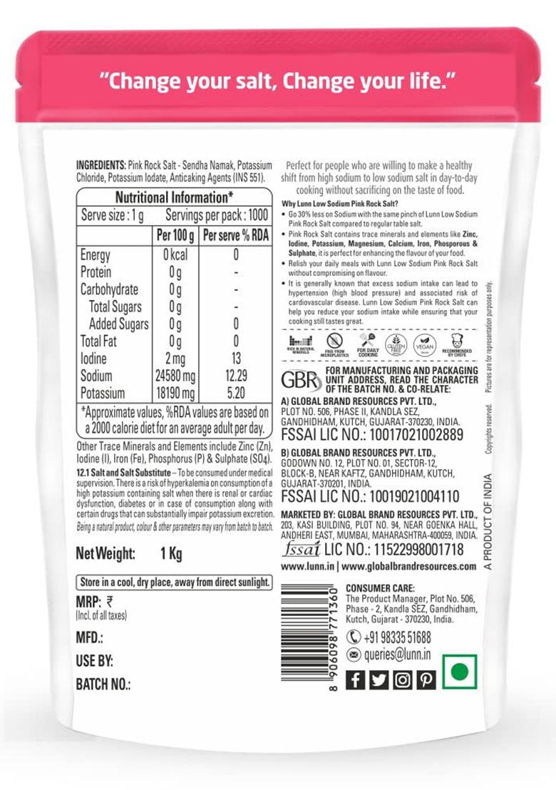 Lunn 30% Low Sodium Pink Rock Salt | 1 Kg Pouch First Time In India Less Sodium, 84+ Natural Minerals Vegan Certified & Microplastic-Free Ideal For Daily Cooking Healthy Living