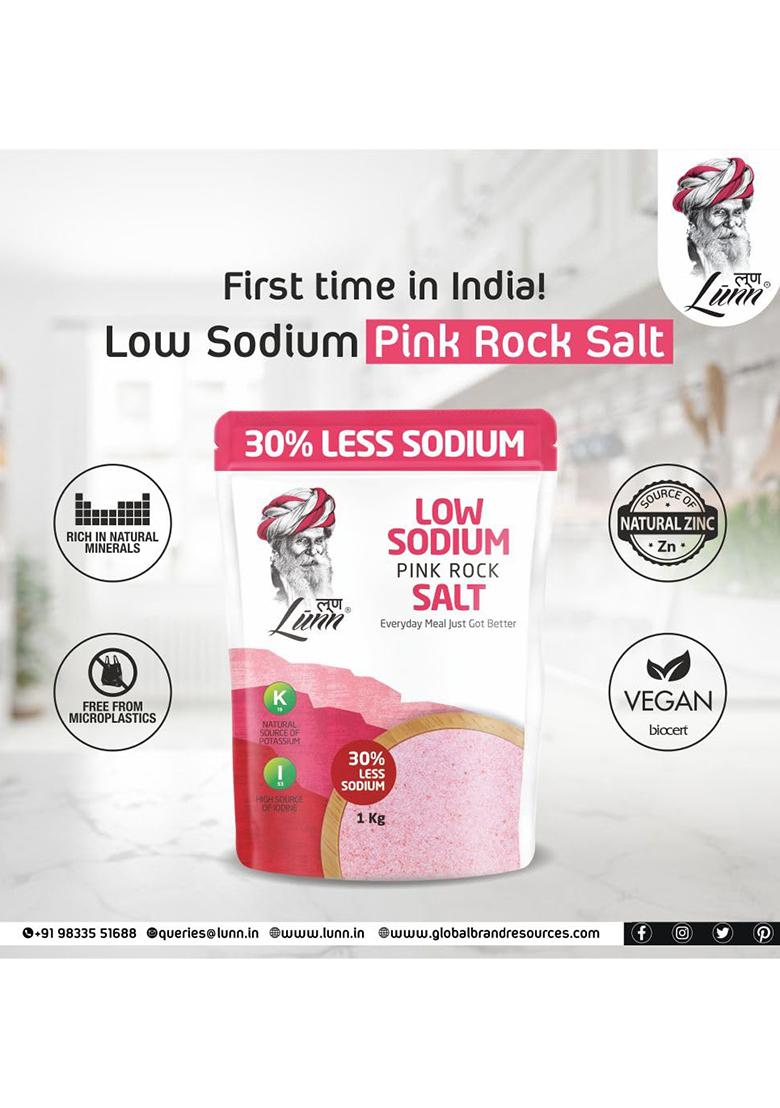 Lunn 30% Low Sodium Pink Rock Salt | 1 Kg Pouch First Time In India Less Sodium, 84+ Natural Minerals Vegan Certified & Microplastic-Free Ideal For Daily Cooking Healthy Living