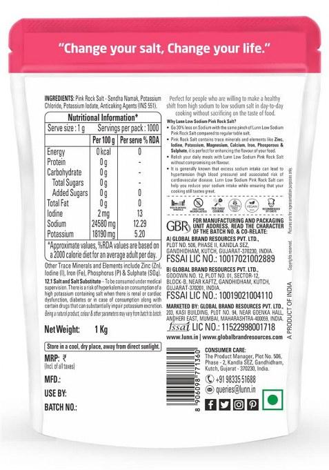 Lunn 30% Low Sodium Pink Rock Salt | 1 Kg Pouch First Time In India Less Sodium, 84+ Natural Minerals Vegan Certified & Microplastic-Free Ideal For Daily Cooking Healthy Living