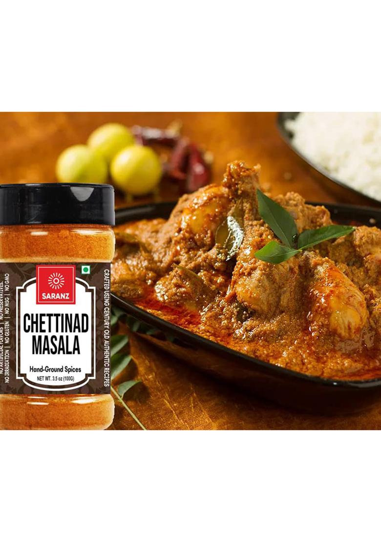 Saranz Chettinad Masala | Perfect For Instant Cooking Tamil Nadu Popular Used Marinades, Meat, Chicken, Mutton, Curry, Soup, Or Sprinkle Before Roasting -100 Gm Bottle