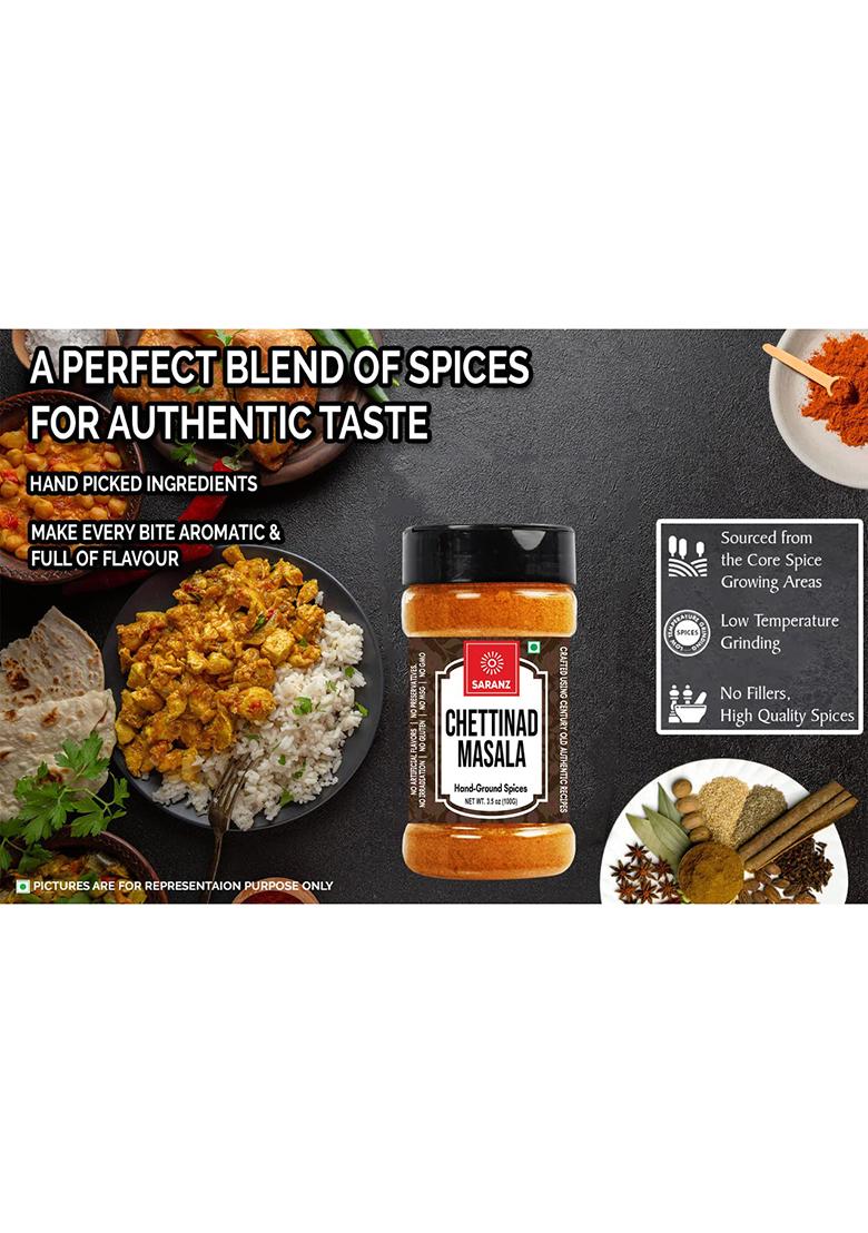 Saranz Chettinad Masala | Perfect For Instant Cooking Tamil Nadu Popular Used Marinades, Meat, Chicken, Mutton, Curry, Soup, Or Sprinkle Before Roasting -100 Gm Bottle