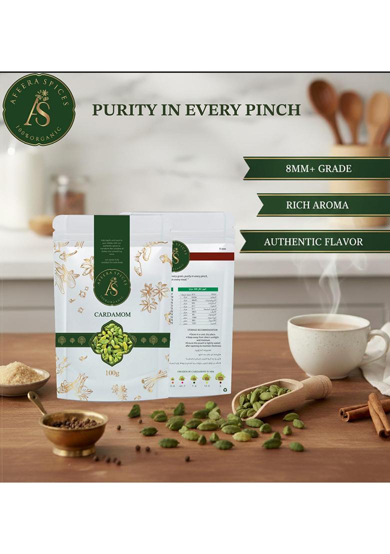Afeera Spices 100G Premium Green Cardamom 8Mm | Whole Elaichi No Artificial Colours Fresh Aromatic Bold Pods For Tea, Cooking & Biryani