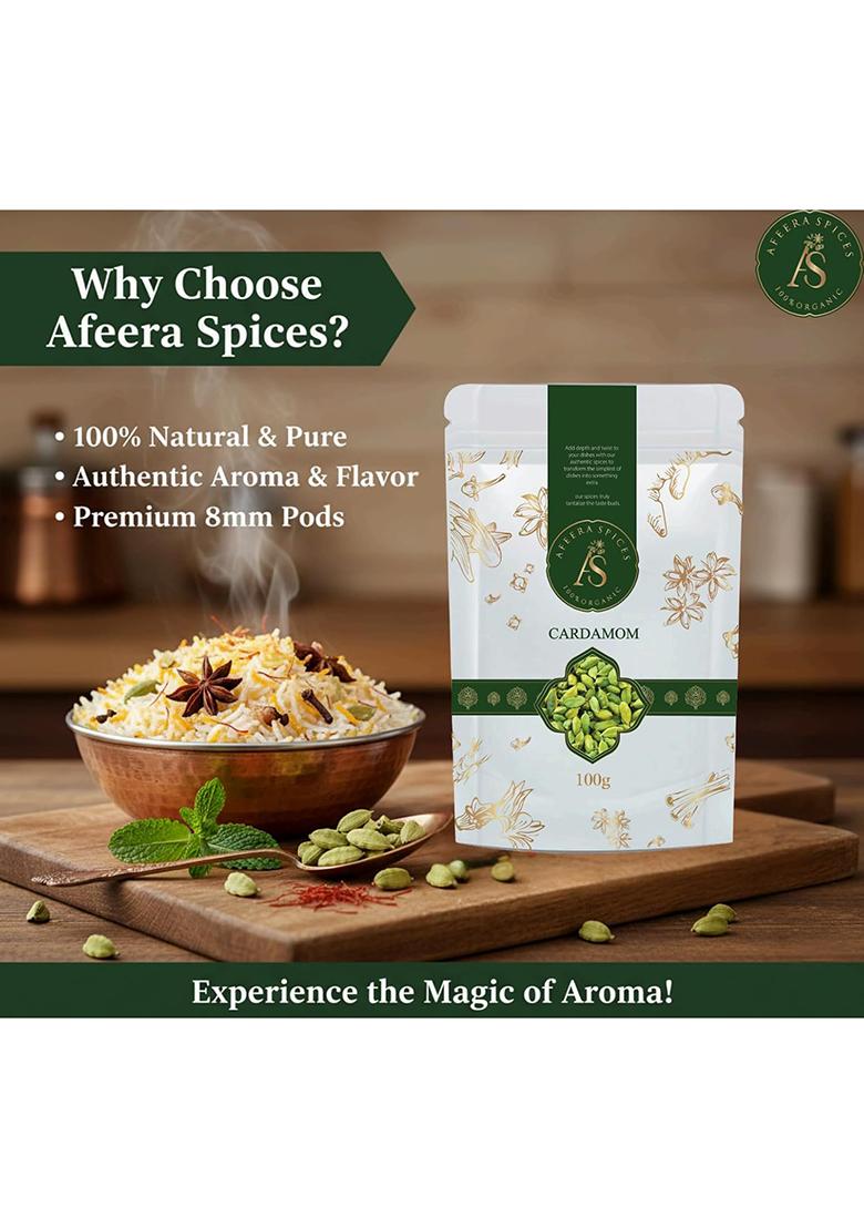 Afeera Spices 100G Premium Green Cardamom 8Mm | Whole Elaichi No Artificial Colours Fresh Aromatic Bold Pods For Tea, Cooking & Biryani