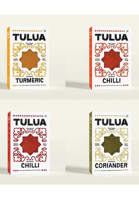 Tulua Natural & Organic Ground Spices Masala Combo Pack Of 4 | Lakadong Turmeric Powder, Guntur Chilli Kashmiri Coriander Powder (1X100Gm Each)