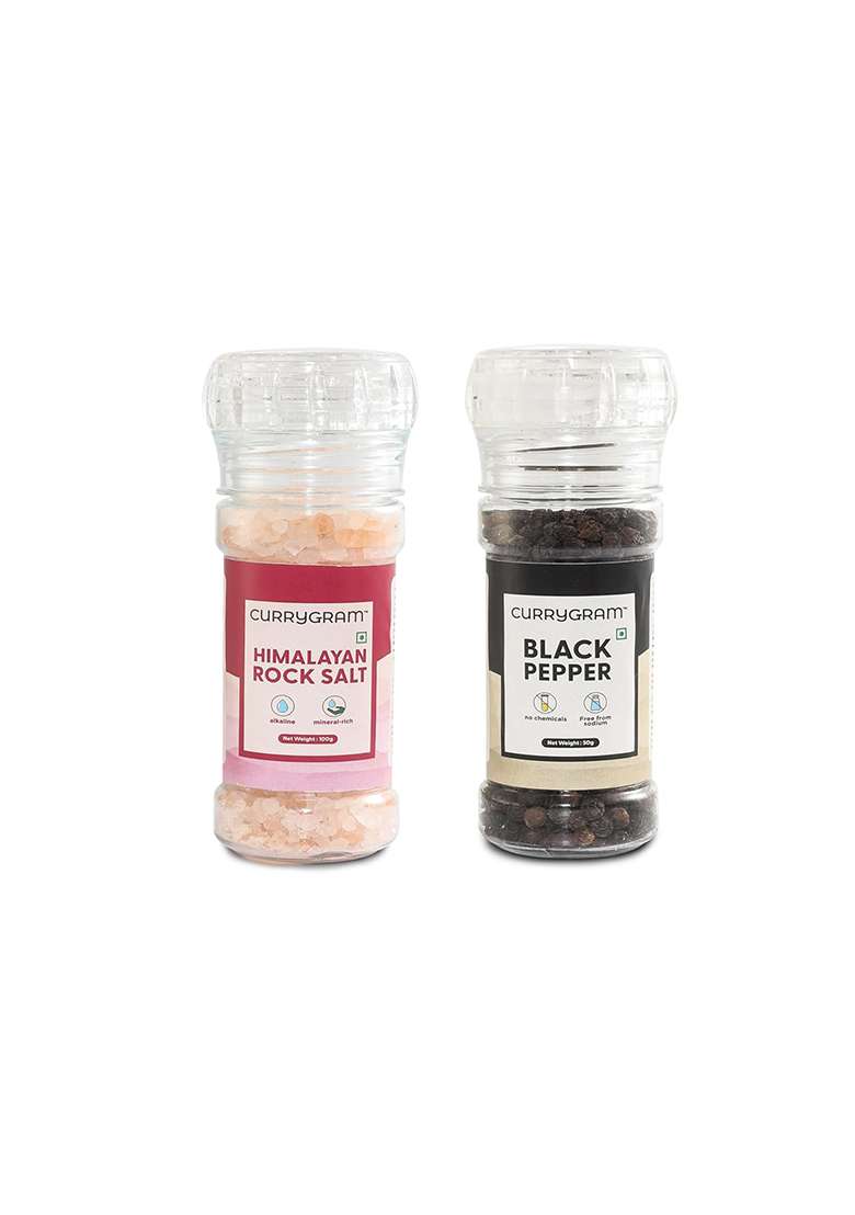 Currygram Himalayan Rock Salt And Black Pepper Grinder Combo | Of 100G 50G Unprocessed Pure & Natural Sendha Namak, Kali Mirch - Indya