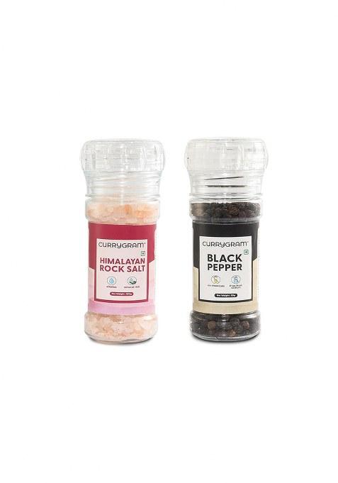 Currygram Himalayan Rock Salt And Black Pepper Grinder Combo | Of 100G 50G Unprocessed Pure & Natural Sendha Namak, Kali Mirch