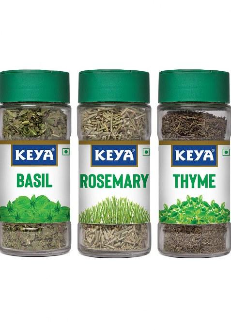 Keya Combo Of Basil 12Gm, Rosemary Herbs 17Gm, Thyme 30Gm, Freeze Dried | Seasoning For Roasts, Soups, Sauces, And Marinades Rich In Antioxidants & Supports Immunity No Artificial Flavours Or Colours Pack 3