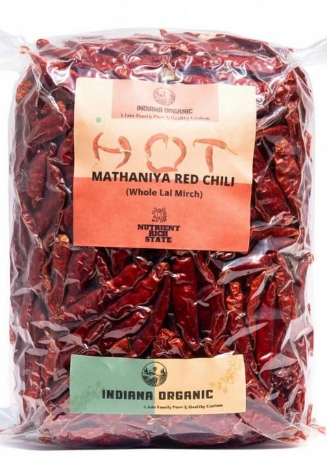 Indiana Organic Mathania Whole Red Chili - 400 Gram | Rajasthani Mirch, Sabut Lal Stemless, (Vaccum Packed Air Tight)