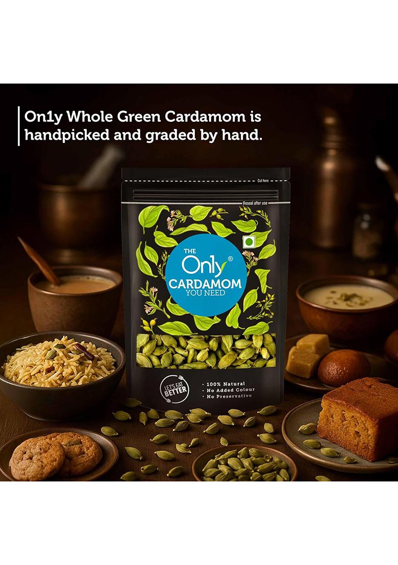 On1Y Green Cardamom, 50 Gm, Elaichi, Chhoti Bold Size Full Pods, Additive Free, All Natural