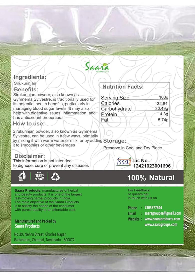 Saara Sirukurinjan Powder 100G |Gymnema Sylvestre | Podapatri Madhunashini, Used For Diabetes, Weight Loss, And Cough (Pack Of 1 X 100G)