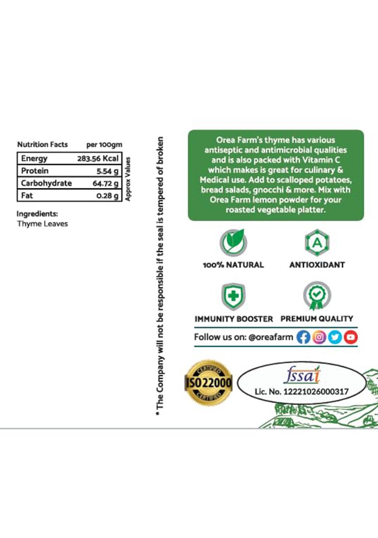 Orea Farm Thyme Herb 1 Kg | Organic And Natural Dried Leaves For Herbal Tea, Italian Sauces, Salad Dressings, Pasta, Pizza, Breads, Roasted Vegetables Like Potatoes Carrots Reusable Zipper Bulk Pack