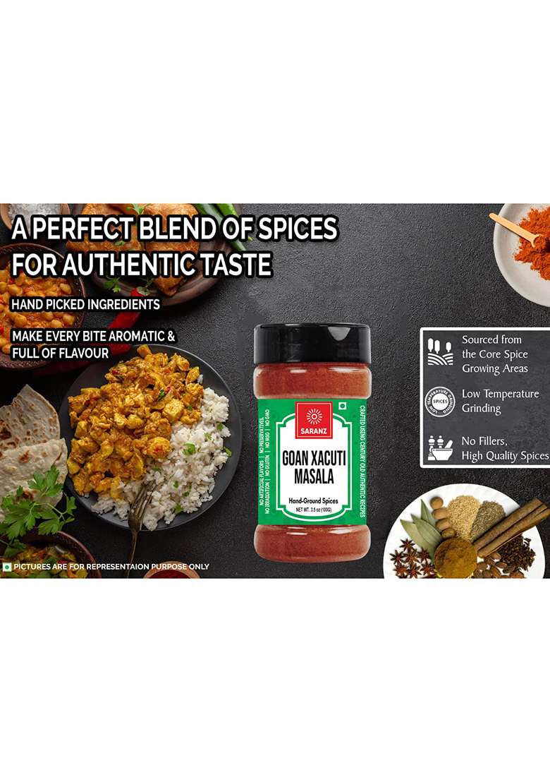 Saranz Goan Xacuti Masala | Authentic , Traditional Recipe Used In Chicken ,Meat Seafood ,Fish ,Vegetables ,Paste No Preservatives Rich & Strong Flavour (100 Grams Bottle) - Indya