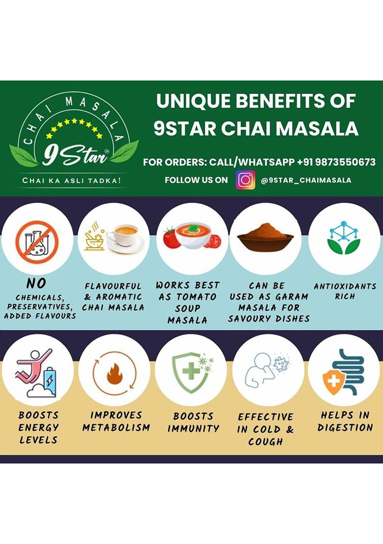 9Star Chai Masala 100% Homemade Tea Powder | 100 Gm (Pack Of 1) 200+ Cups Kadak, Aromatic, Fresh, Flavourful & Organic With More Than 9 Natural Spice Ingredients
