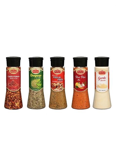 Motaba Combo Pack Of 5 Seasonings Chilli Flakes 50G, Oregano Pizza Seasoning 70G, Piri Masala 100G & Garlic Powder | Flavourful Spices For Pizza, Pasta, Fries Snacks