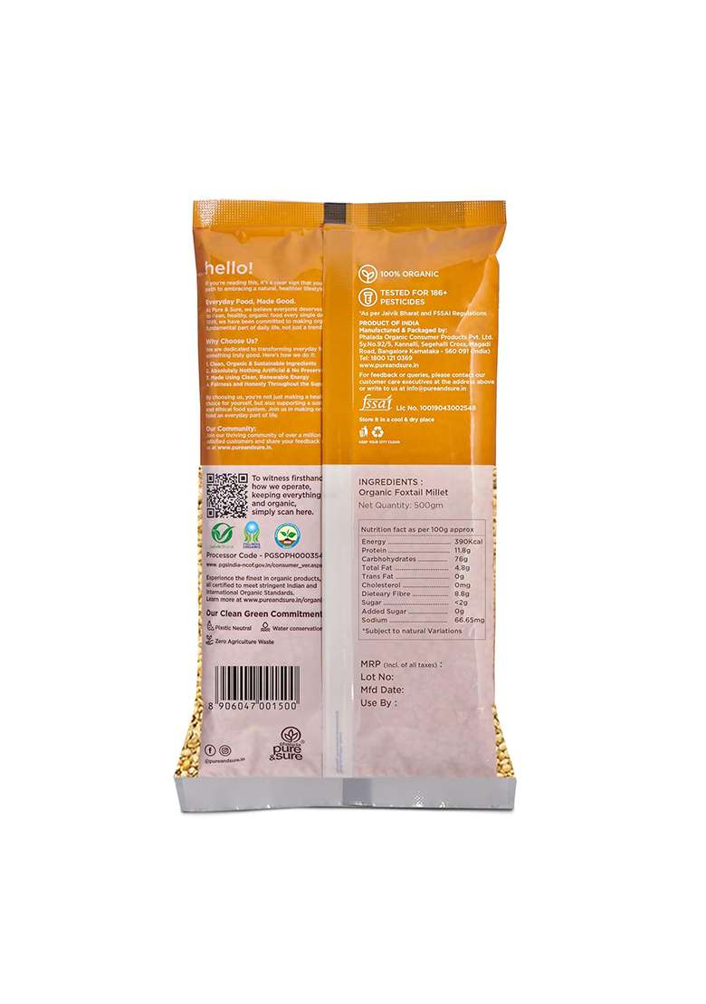 Phalada Pure & Sure Organic Foxtail Millets 500Gm | 100% Natural Kangani Seeds Unpolished High Plant Protein Easy To Cook Gluten Free Chemical Pesticide - Indya