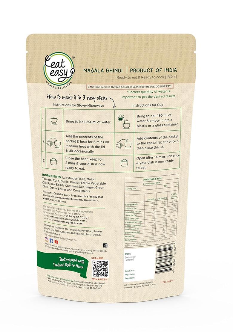 Eat Easy Ready To Masala Bhindi- 85Gm I Just Add Water And Cook | Freeze Dehydrated Healthy Instant Food, Indian Okra Curry For Travel, Camping Food No Preservatives, Added Artificial Colours & Flavours