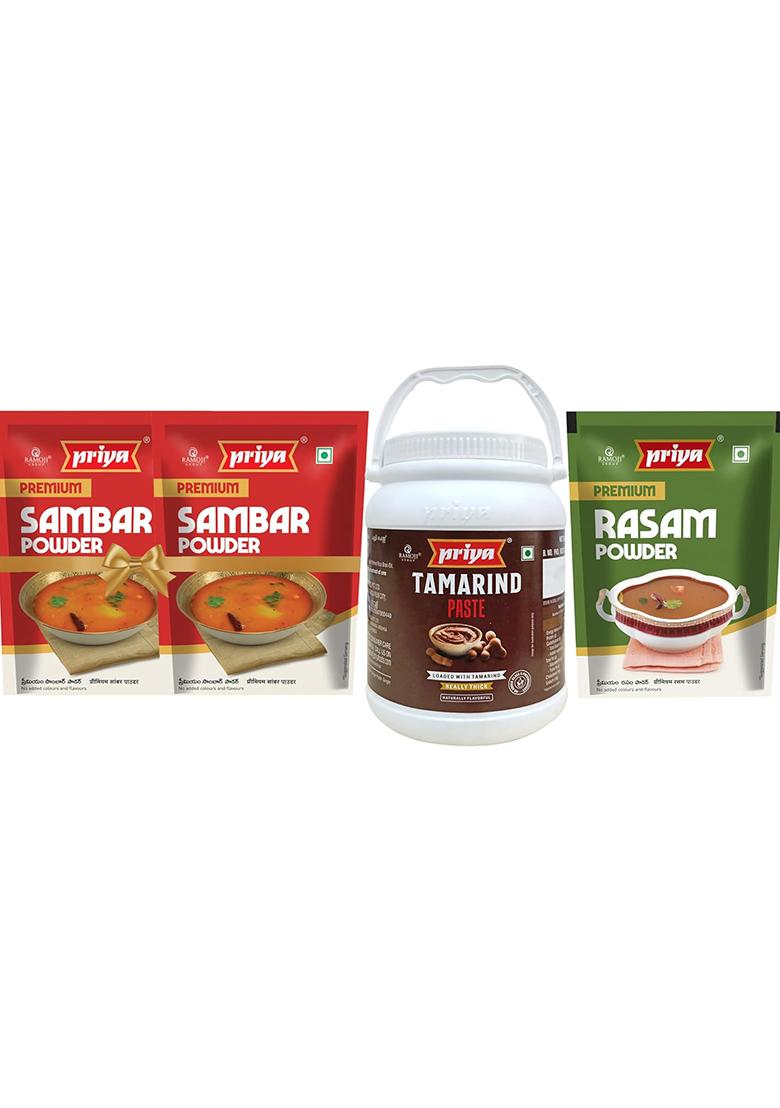 Priya Combo Pack-Tamarind Paste 1Kg,Premium Sambar Powder 100G (Pack Of 2),Premium Rasam I Total 1300Gm | Imli With Tamarind Pulp Authentic Aroma And Flavour For Cooking