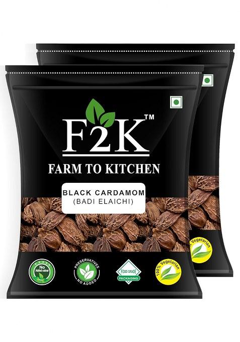 F2K Farm To Kitchen Badi Elaichi Black Cardamom 200G - Whole Pods For Authentic Flavor (Kali Elaichi) No Artificial Colors Or Preservatives, Experience The Smoky Magic, Pack Of